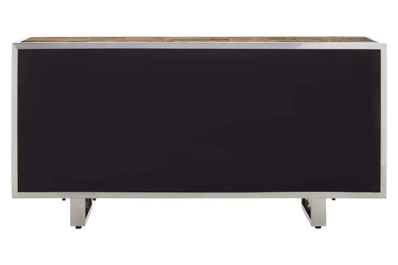 Modern black sideboard with metal frame and visible wood top, rear view