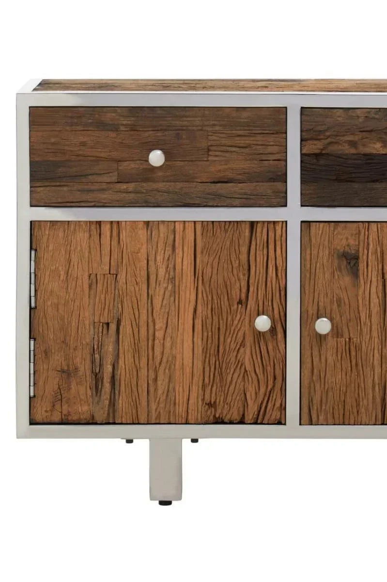 Reclaimed wood sideboard with metal frame, single drawer and cabinet doors, close-up view
