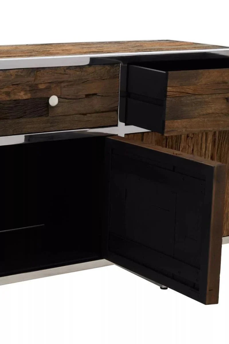 Wooden sideboard cabinet with open drawer and door, metal frame, rustic finish