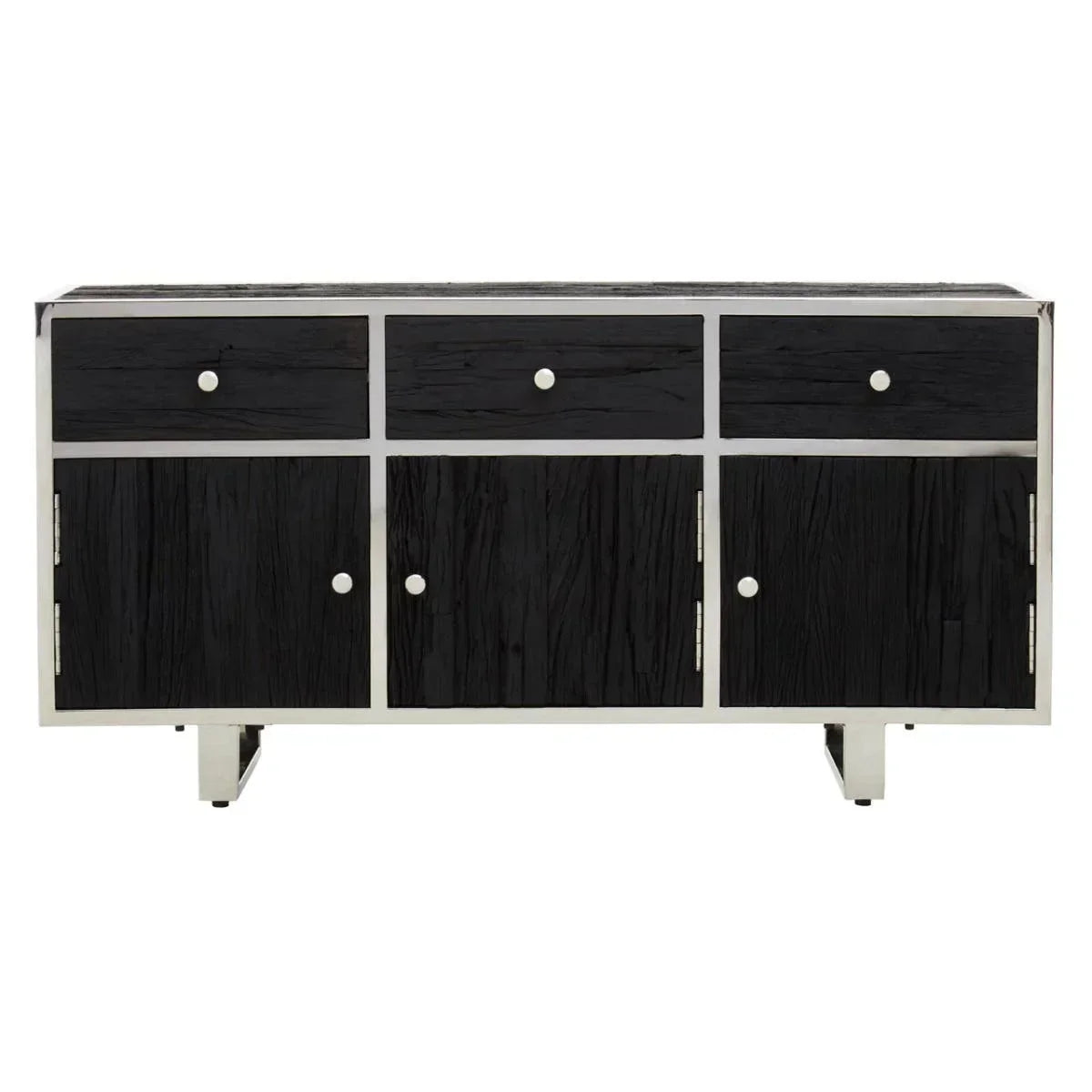 Black wood sideboard with three drawers and four cabinet doors, silver frame, front view