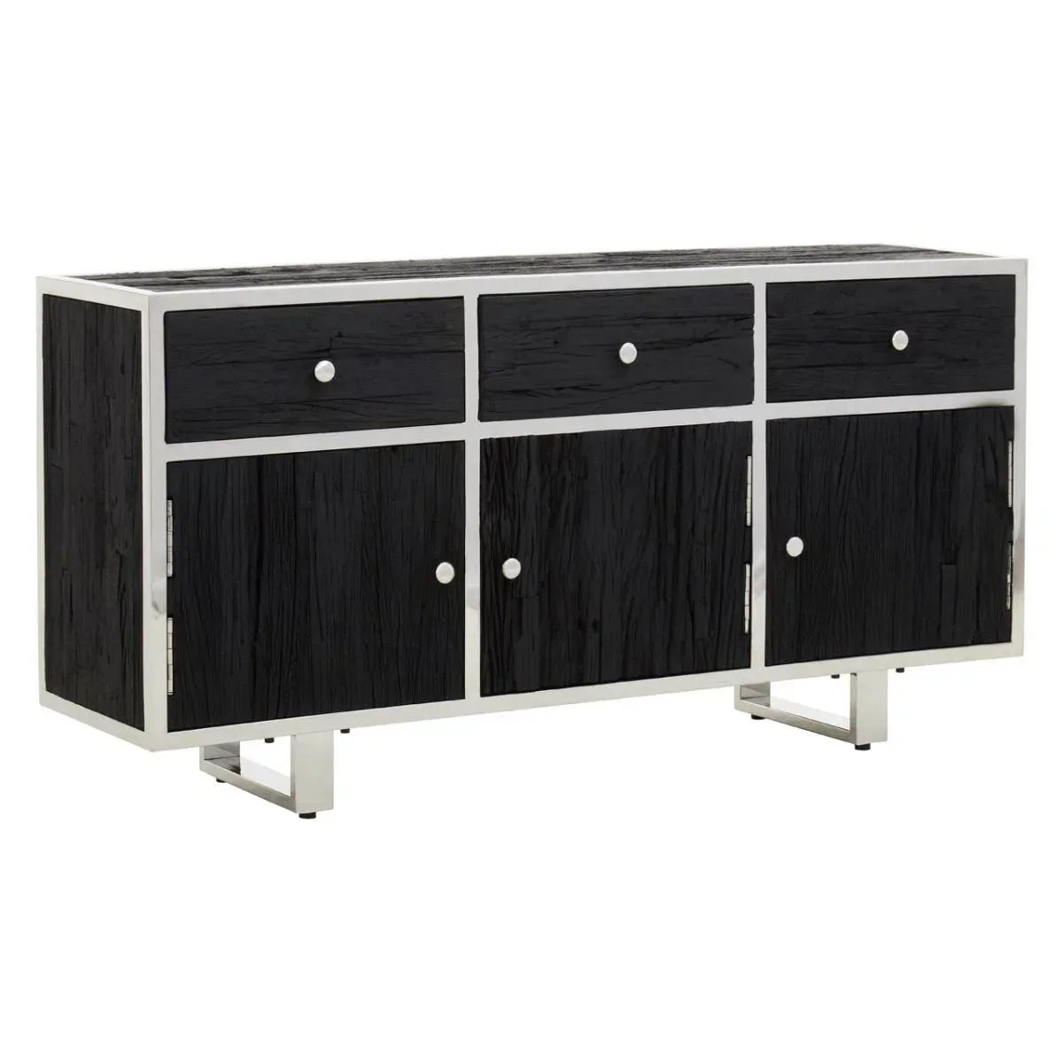 Black wood sideboard with three drawers, three doors, and chrome frame on metal legs