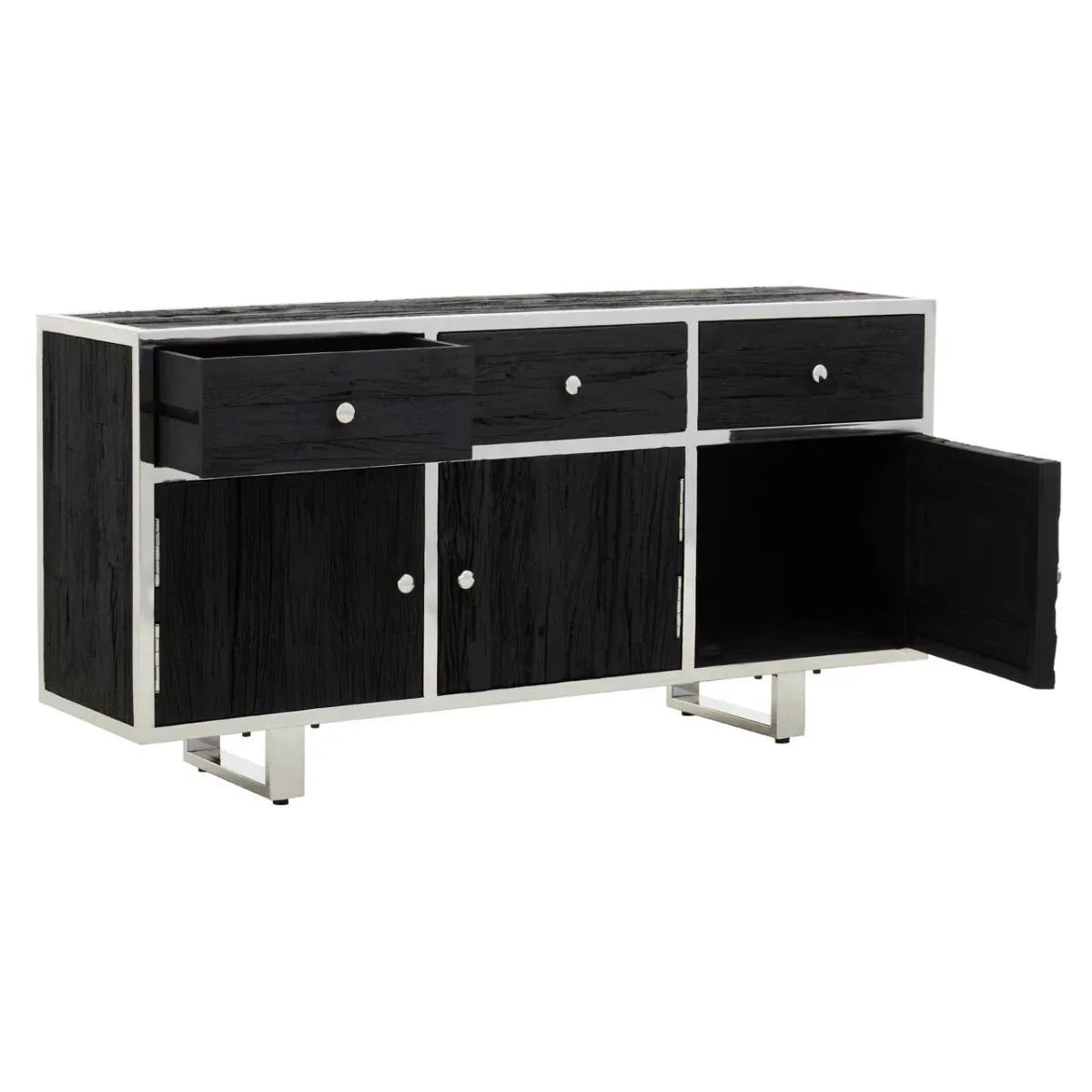 Black wood sideboard with chrome frame, three drawers, and cabinet doors open on metal legs