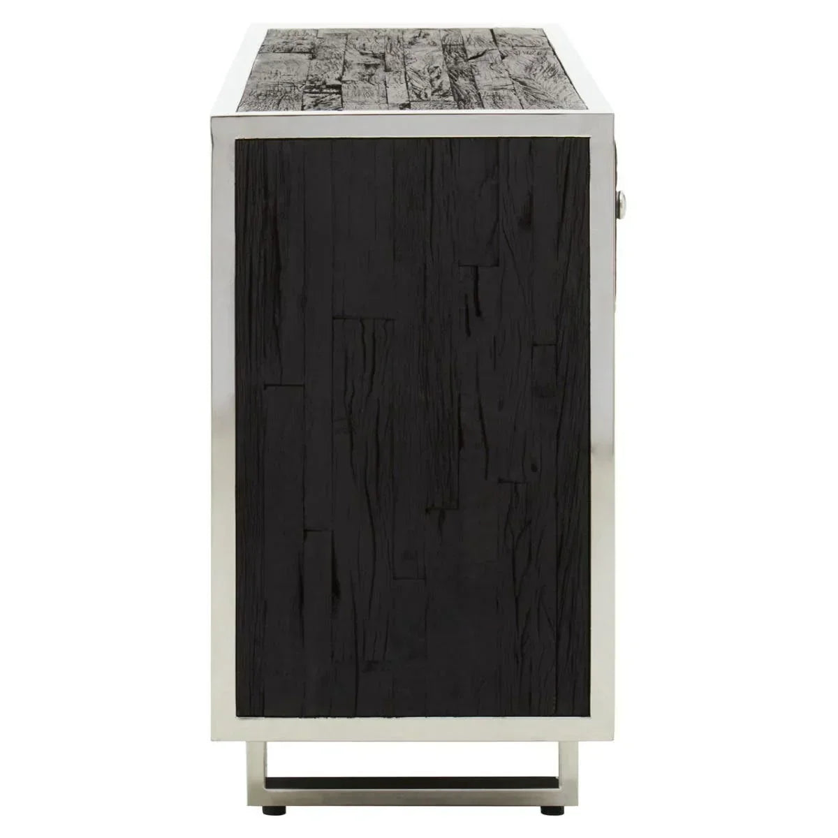 Side view of black wood and metal sideboard with textured panels