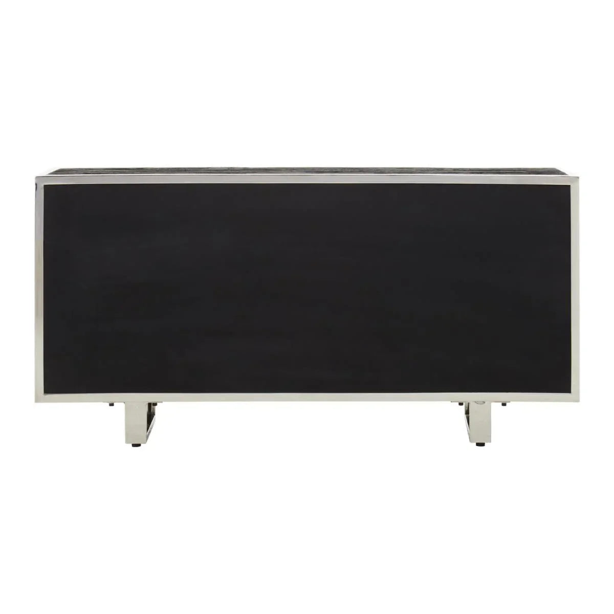 Rear view of black sideboard cabinet with silver metal frame and legs