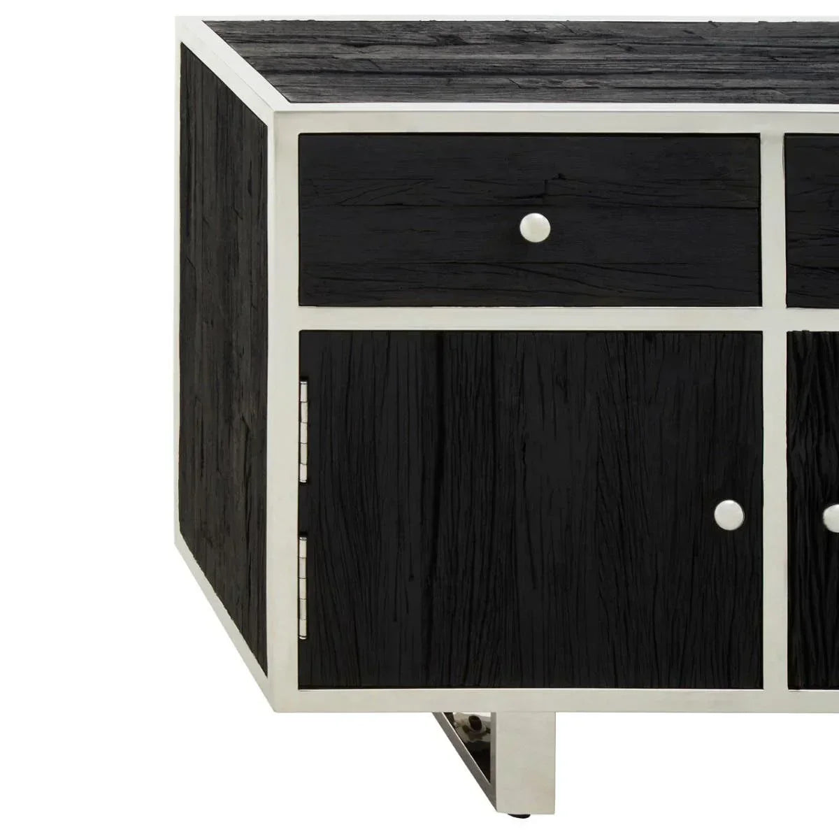 Black wood sideboard with silver metal frame, drawer and cabinet doors, close angle view