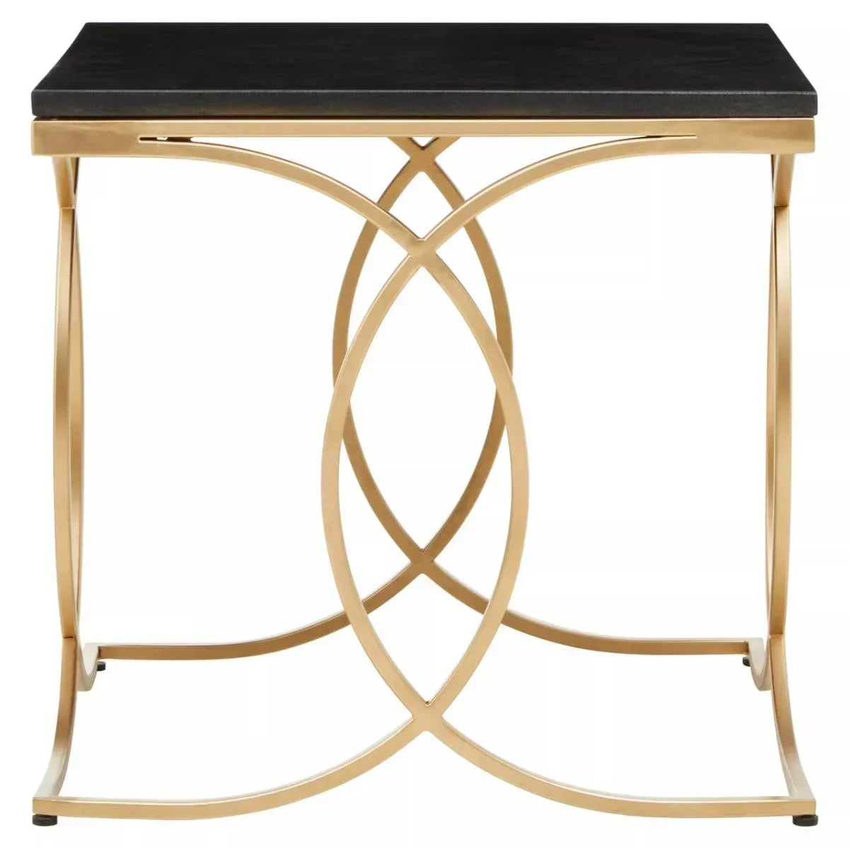 Black top side table with gold metal frame and geometric base design