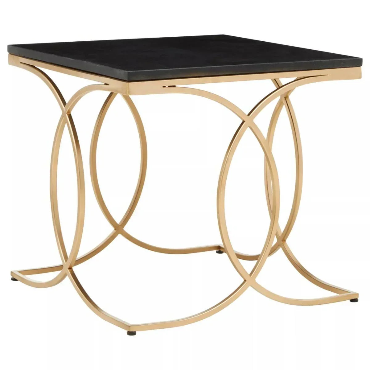 Square side table with black tabletop and gold metal curved frame