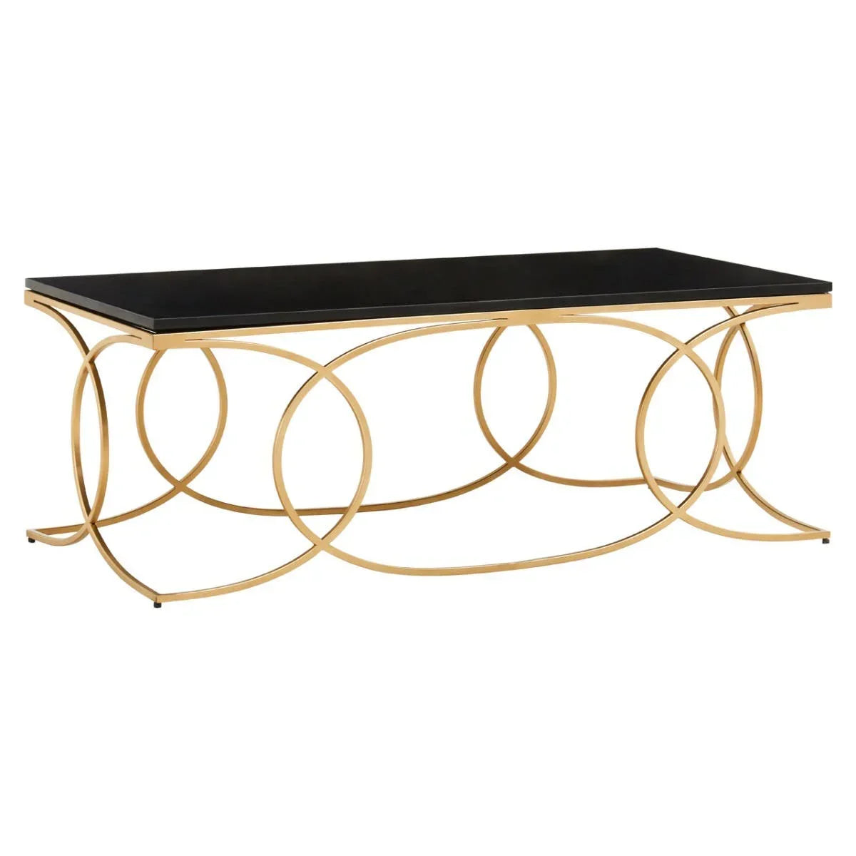 Rectangular coffee table with black glass top and gold circular metal frame