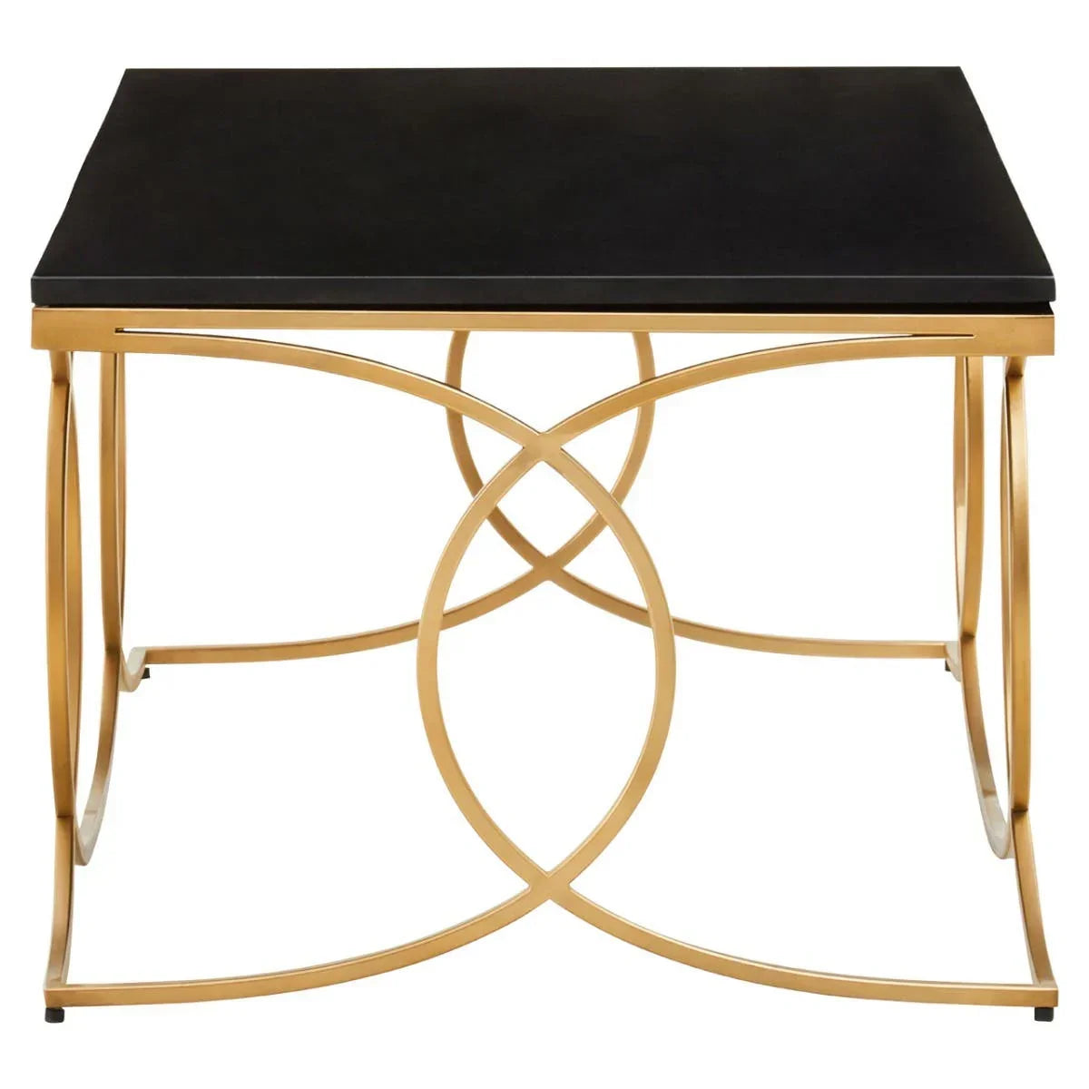 Black top coffee table with gold metal geometric frame shown from front view