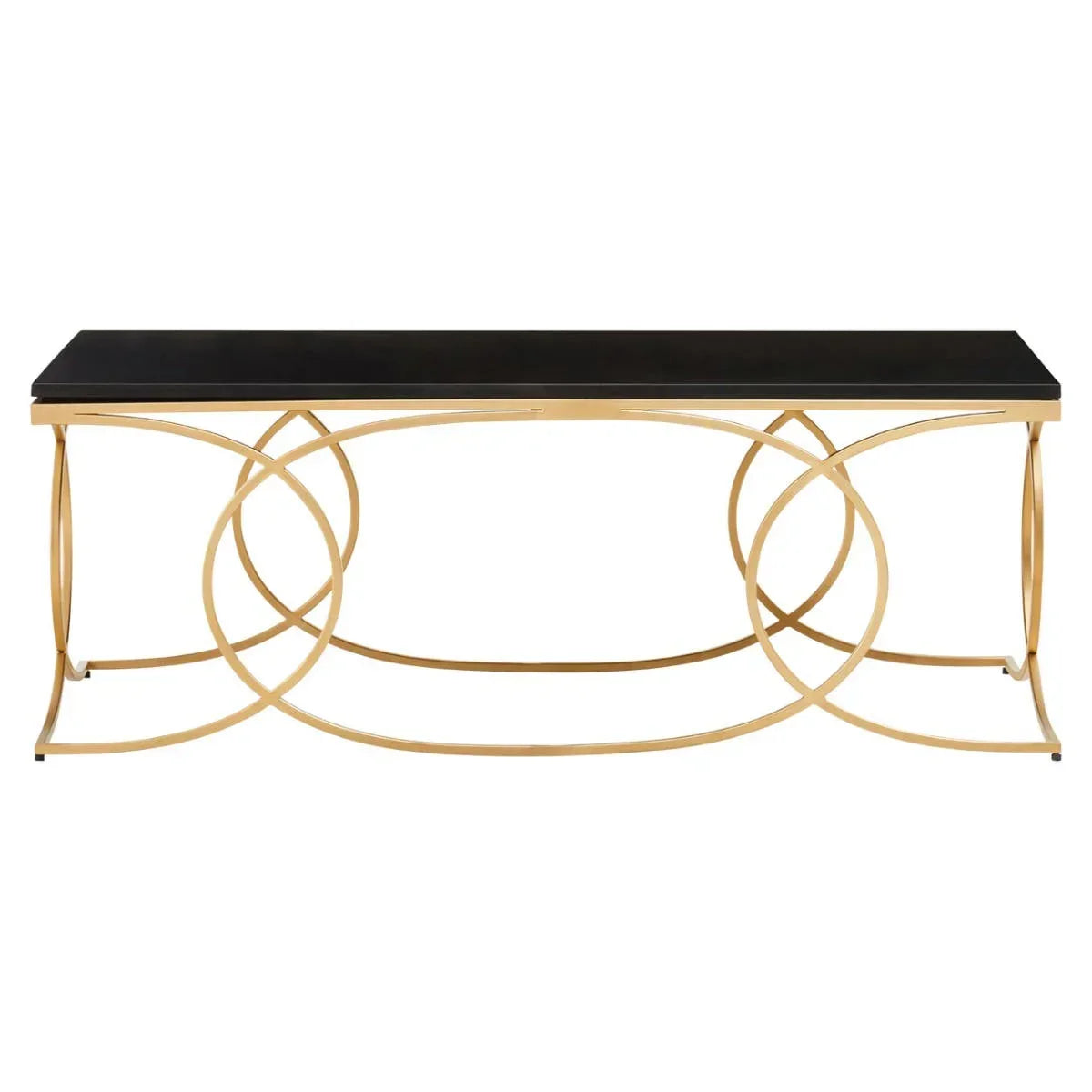 Black glass console table with gold metal geometric frame