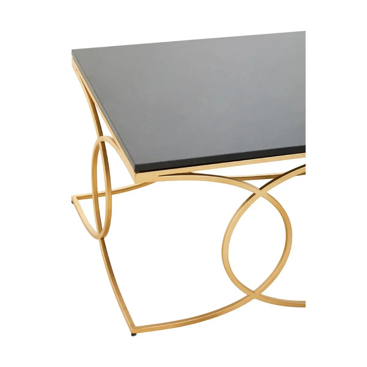 Black glass coffee table with gold metal frame and geometric base design