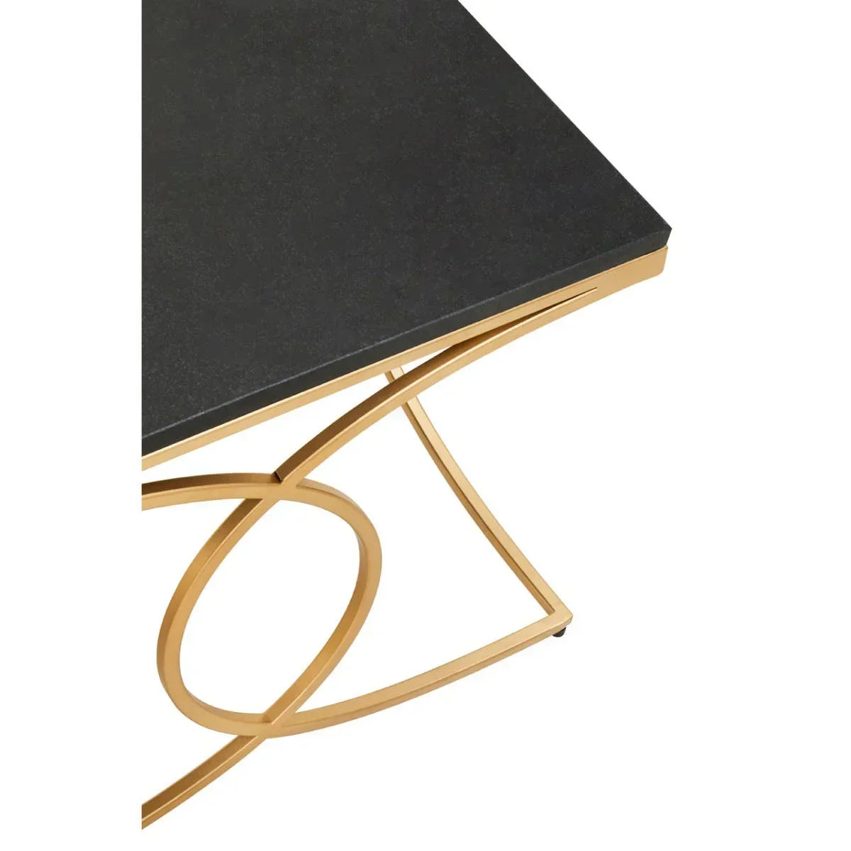 Black dining table with gold metal frame and geometric base detail
