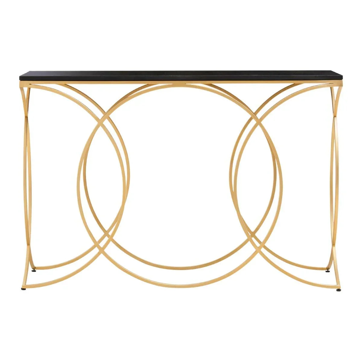 Gold metal console table with black top and geometric circular frame design