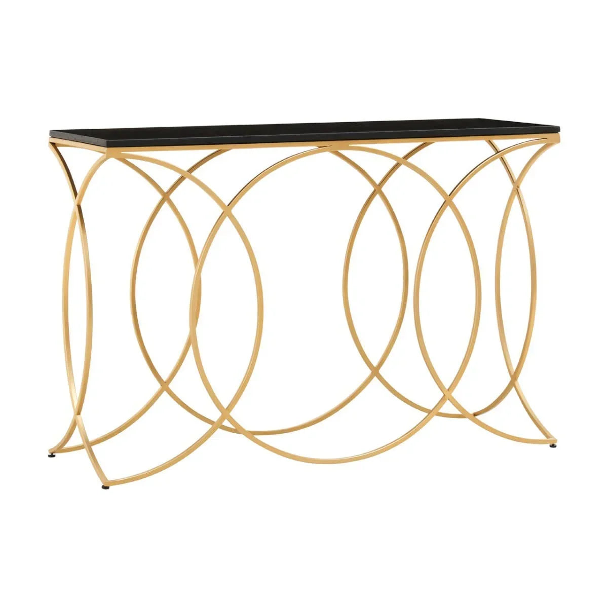 Gold metal console table with black glass top and circular frame design