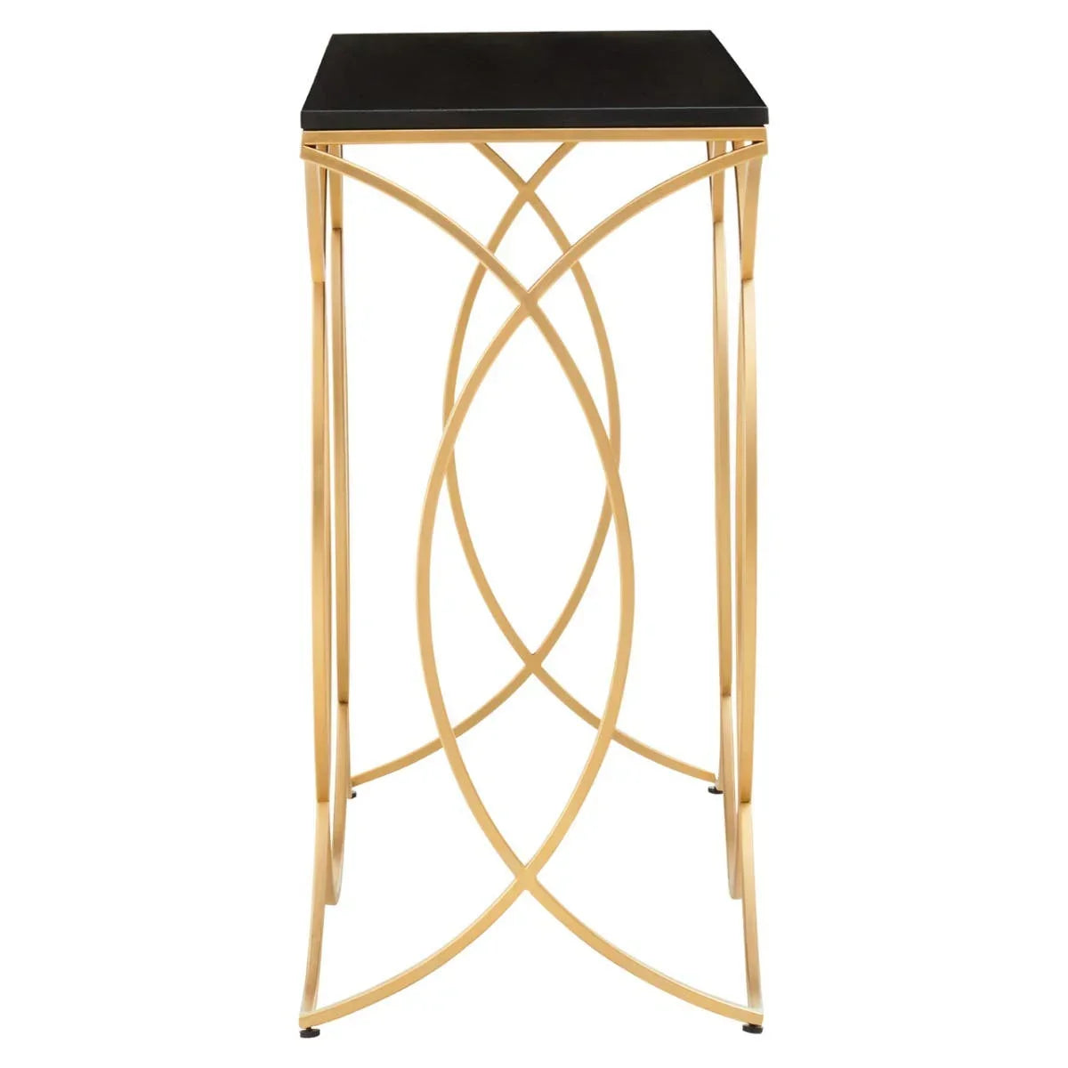 Black side table with gold metal geometric frame, square top, modern accent furniture