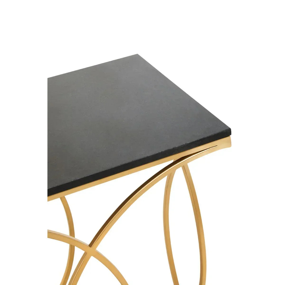 Black stone side table with gold metal legs, close view of tabletop and frame detail