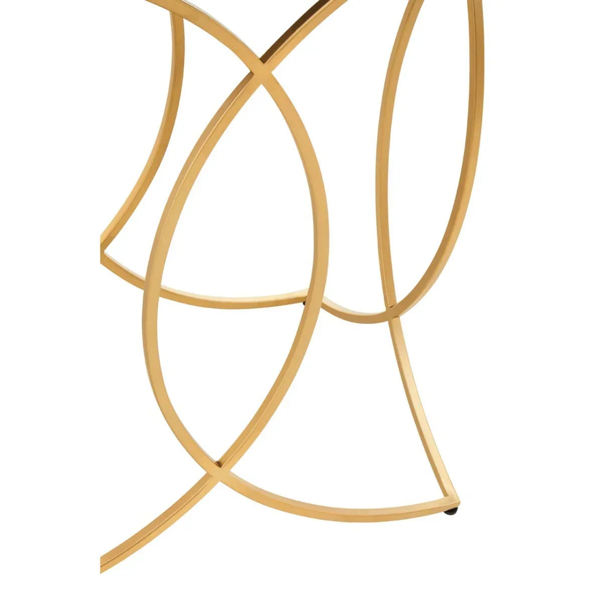 Gold metal coffee table base with intersecting curved lines, close-up view