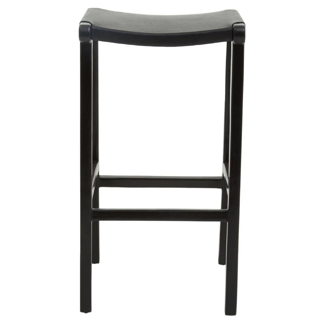 Black wooden bar stool with curved seat, shown from the front against a white background
