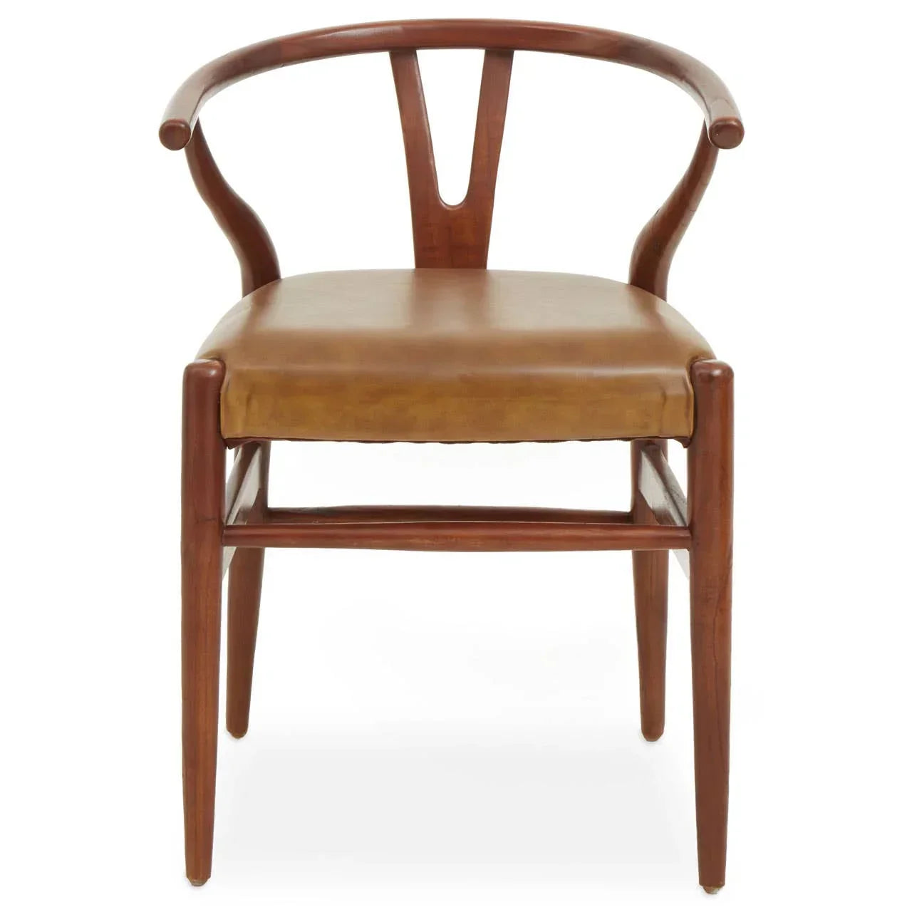 Mid-century wooden dining chair with curved backrest and tan leather seat, front view