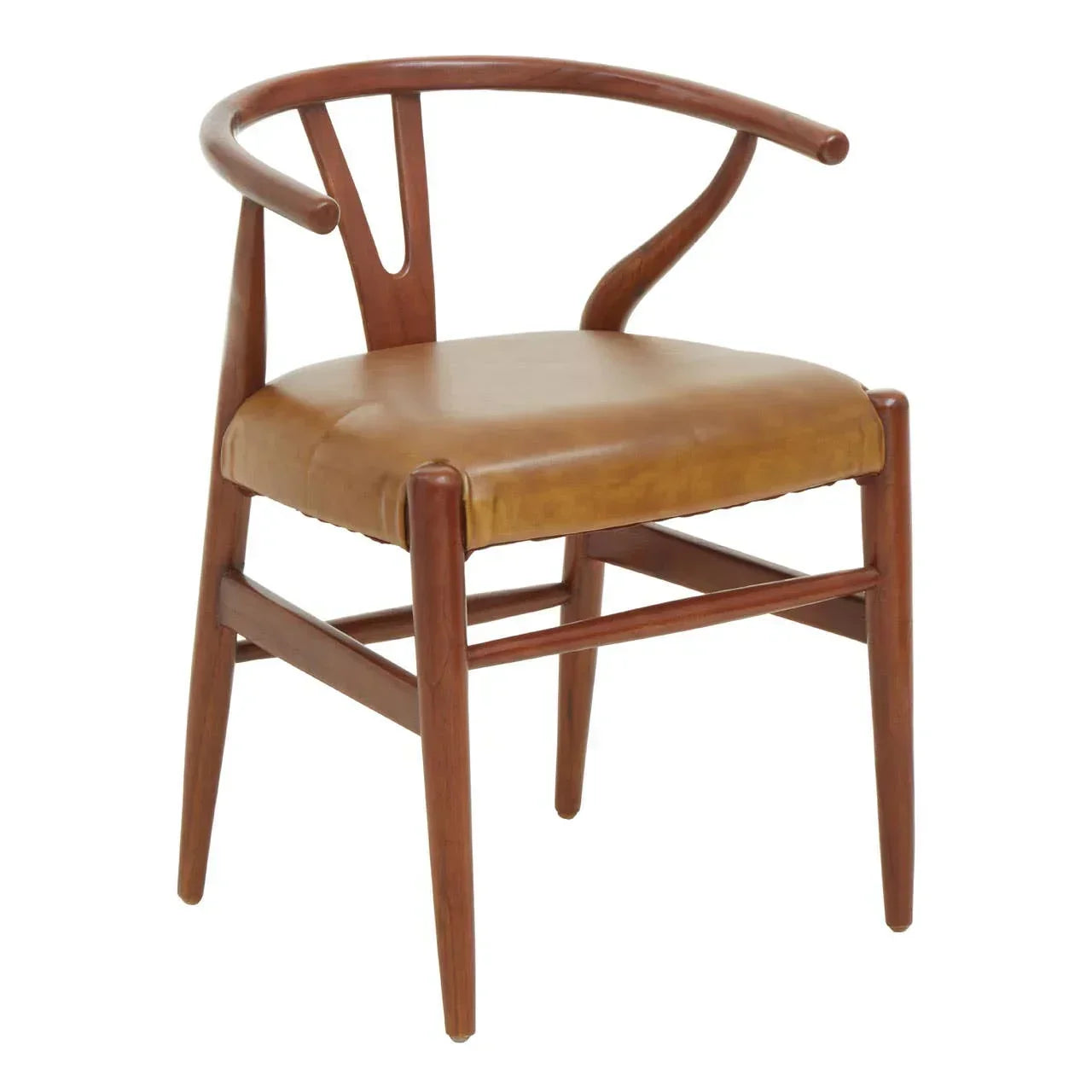 Mid-century dining chair with curved wooden frame and tan leather seat