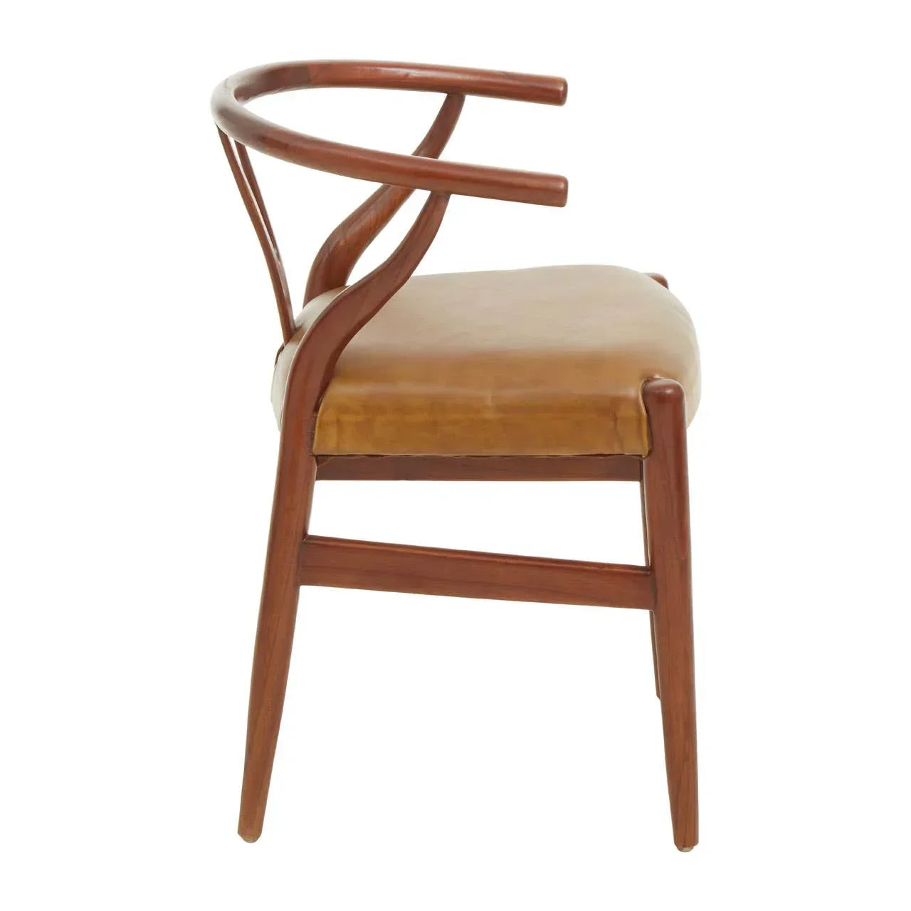 Side view of wooden dining chair with curved backrest and tan upholstered seat