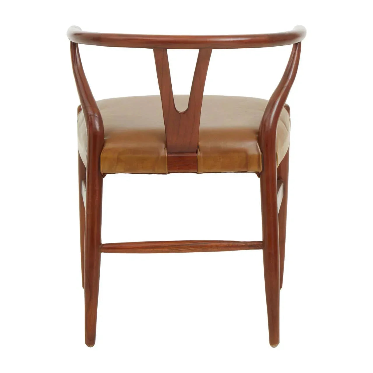 Walnut dining chair with curved wooden backrest and brown leather seat, rear view