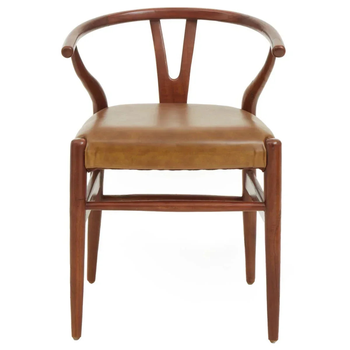 Mid-century style dining chair with curved wooden frame and tan leather seat, front view