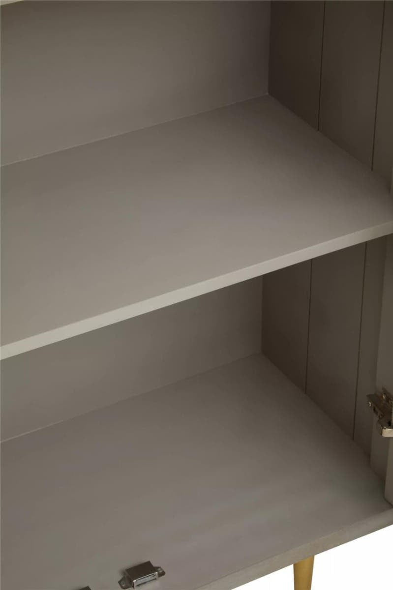 Cream and grey mango wood two-door cabinet featuring two spacious shelves inside, showcasing a smooth, neutral interior finish. The cabinet has a minimalist design with clean lines and a modern aesthetic