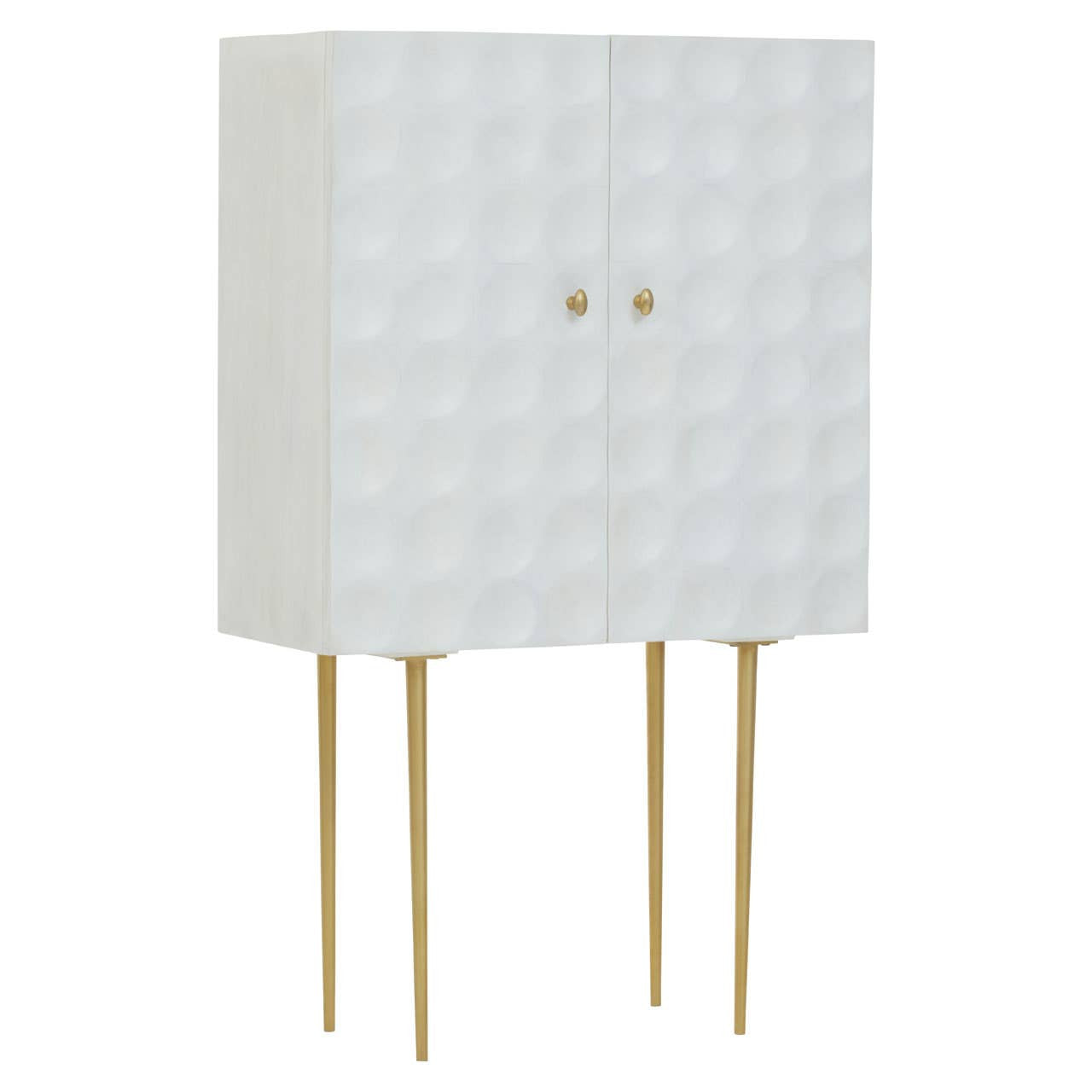 Cream finish two-door cabinet made of mango wood, featuring a textured geometric pattern on the front, supported by four slender gold legs. The cabinet has two round gold knobs for easy access to the storage space inside