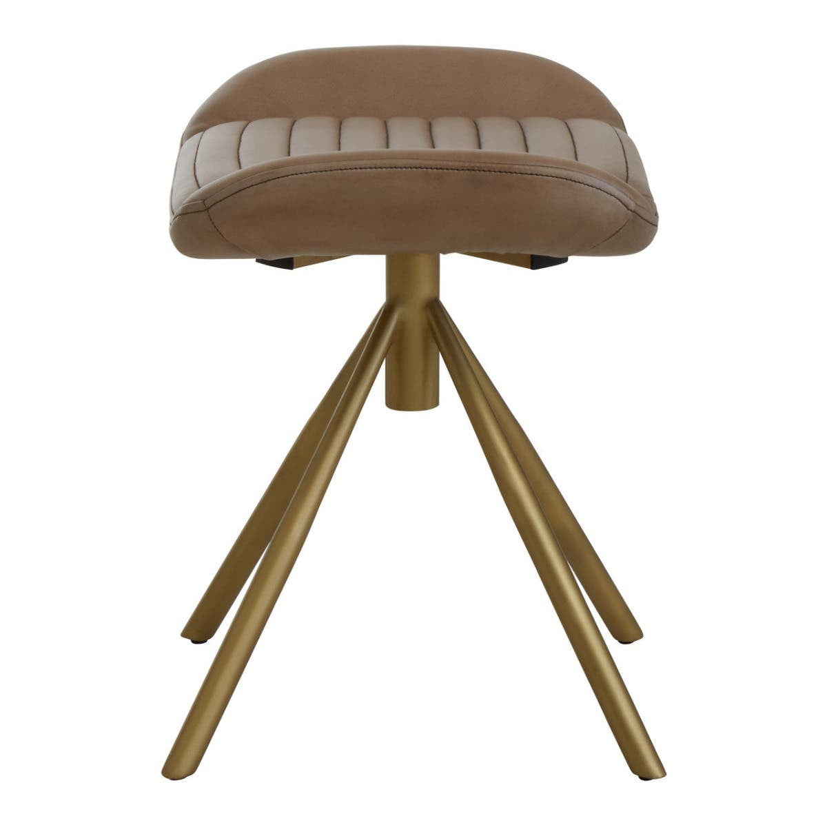 Buffalo grey leather footstool with a curved top and decorative stitching, supported by three wooden legs in a natural finish