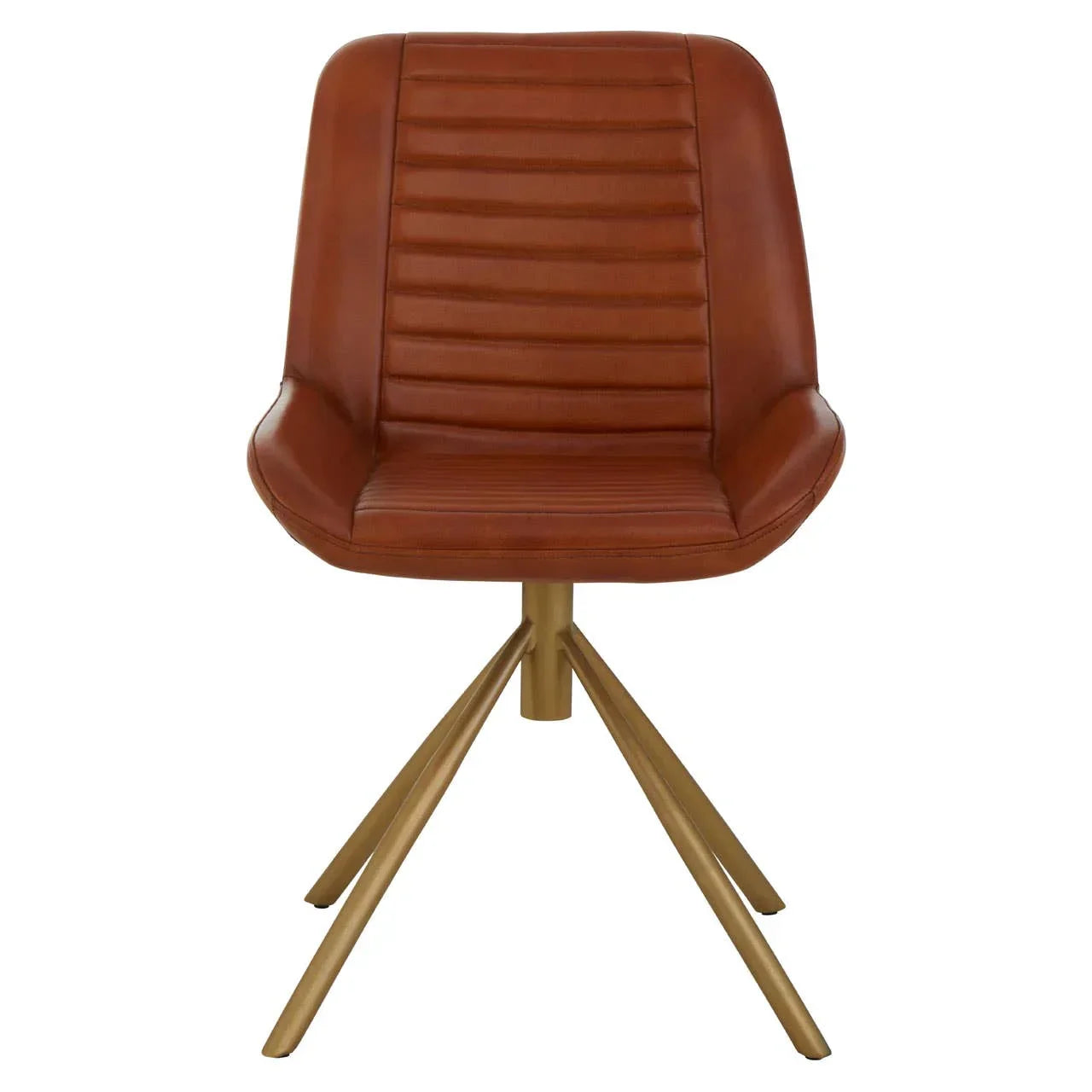 Brown leather dining chair with gold metal legs and ribbed padded backrest, front view