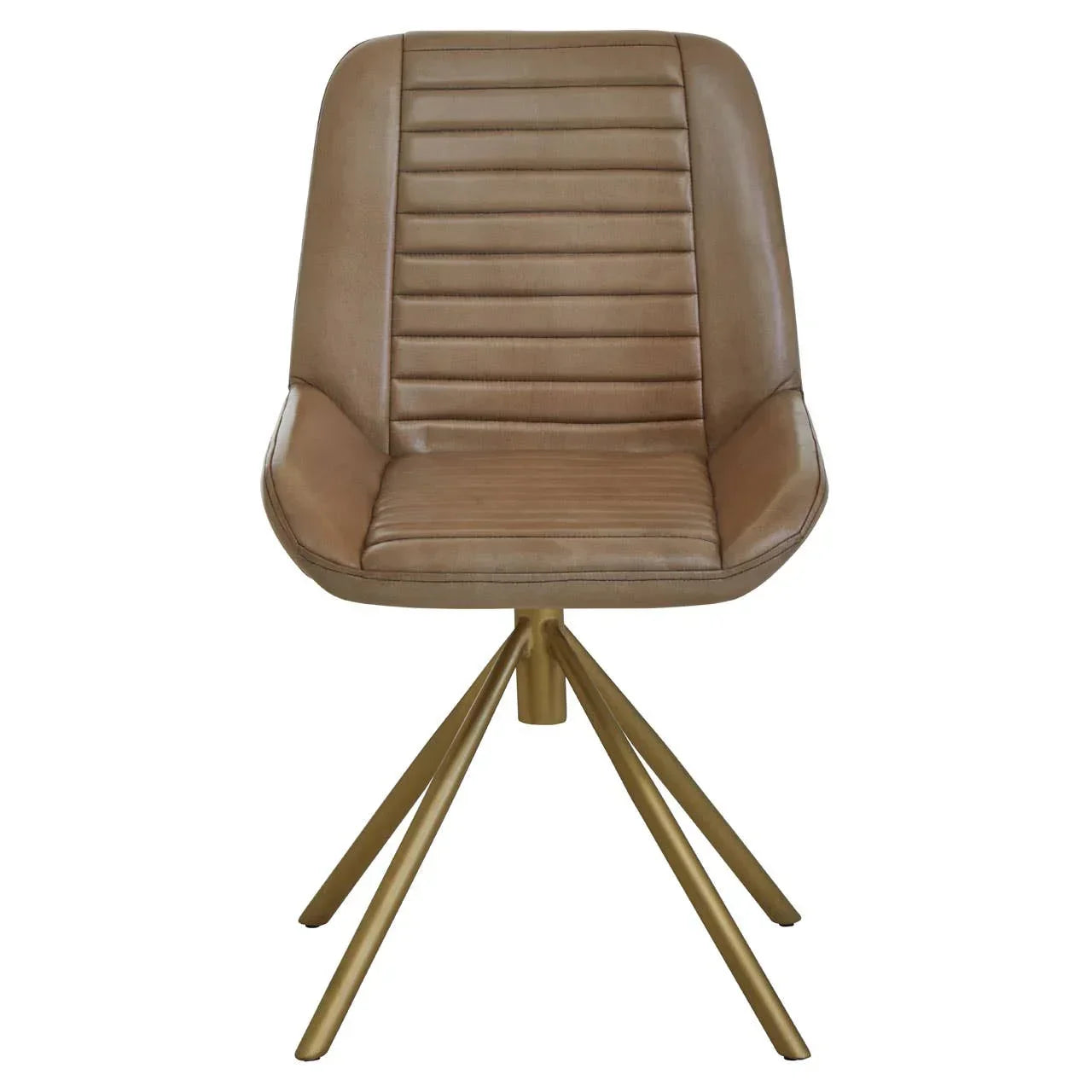 Brown leather dining chair with gold metal legs and horizontal stitched detail, front view