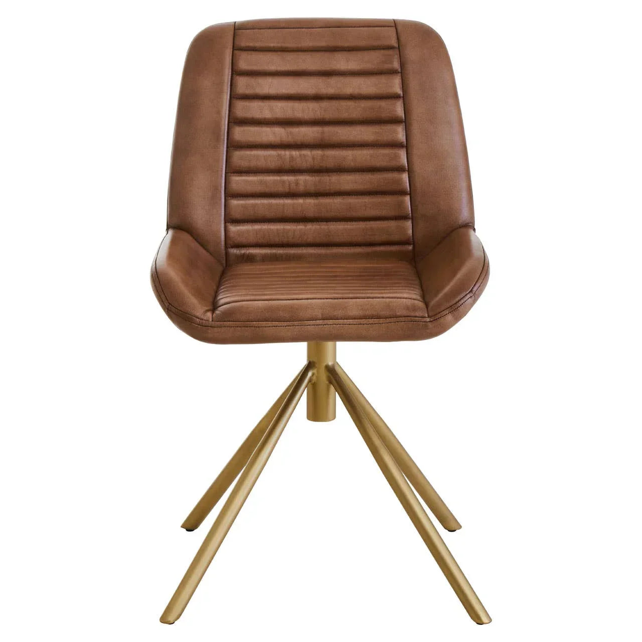 Brown leather dining chair with gold metal legs and ribbed seat front view