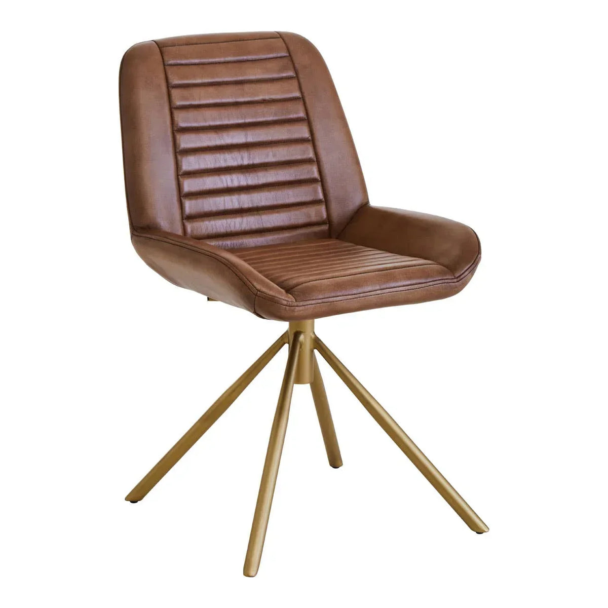 Brown leather dining chair with gold metal legs and ribbed stitching, front angle view