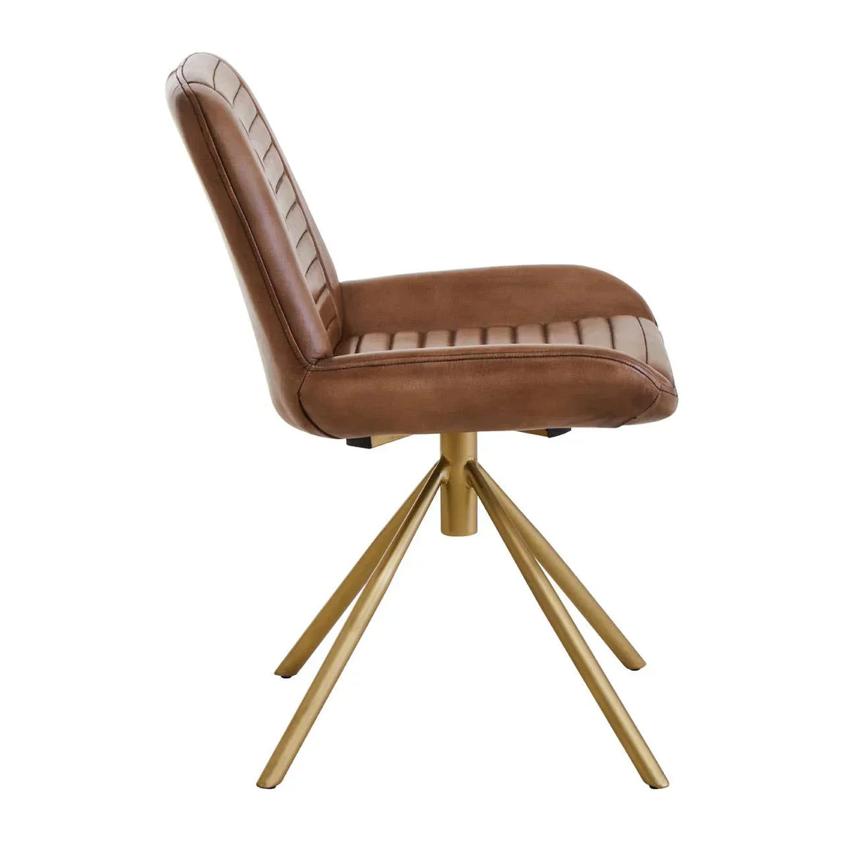 Brown leather dining chair with gold metal legs, side profile view