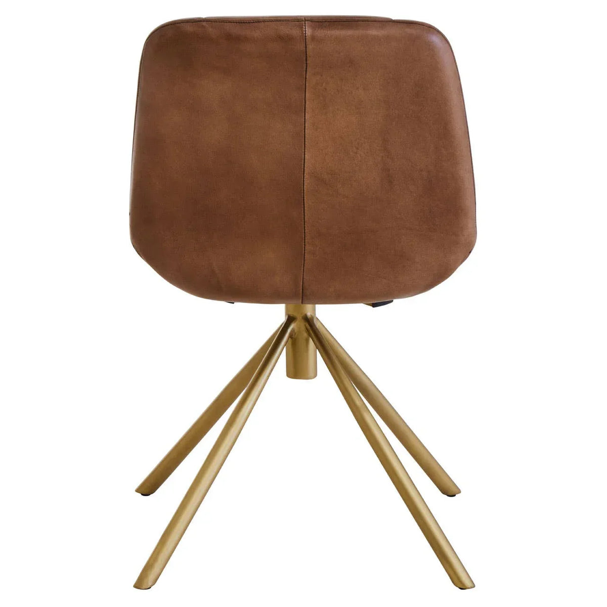 Brown faux leather dining chair with gold metal legs, rear view
