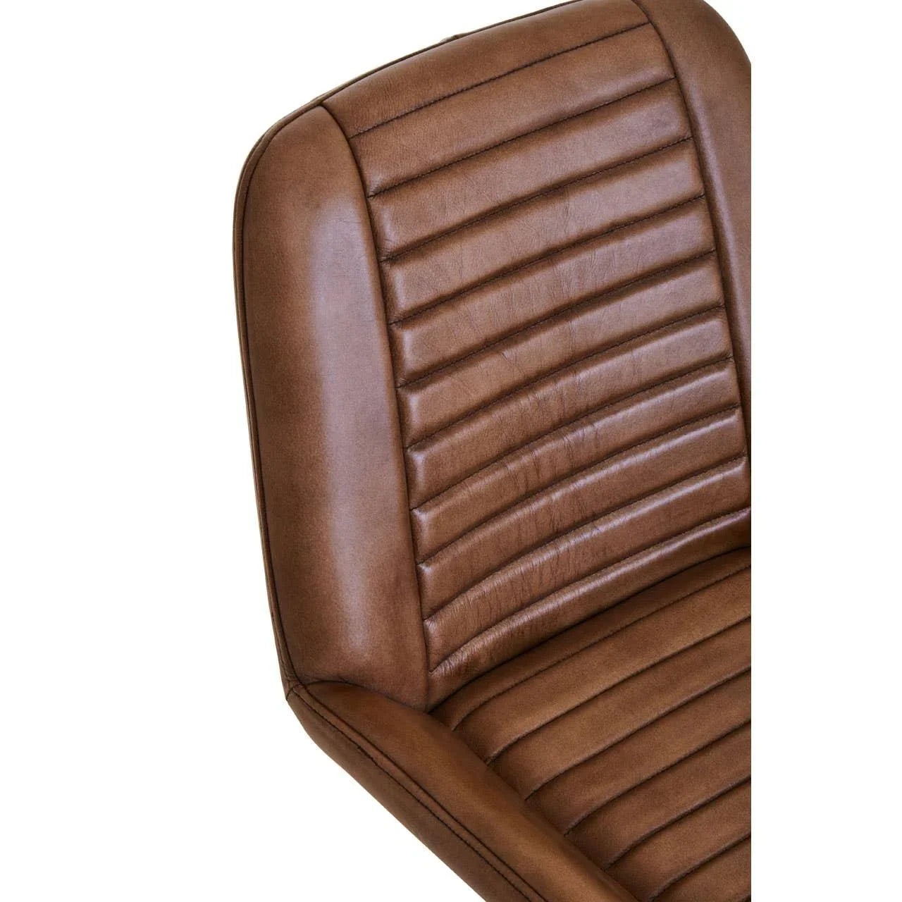 Brown leather dining chair with horizontal stitched detailing, close-up of seat and backrest