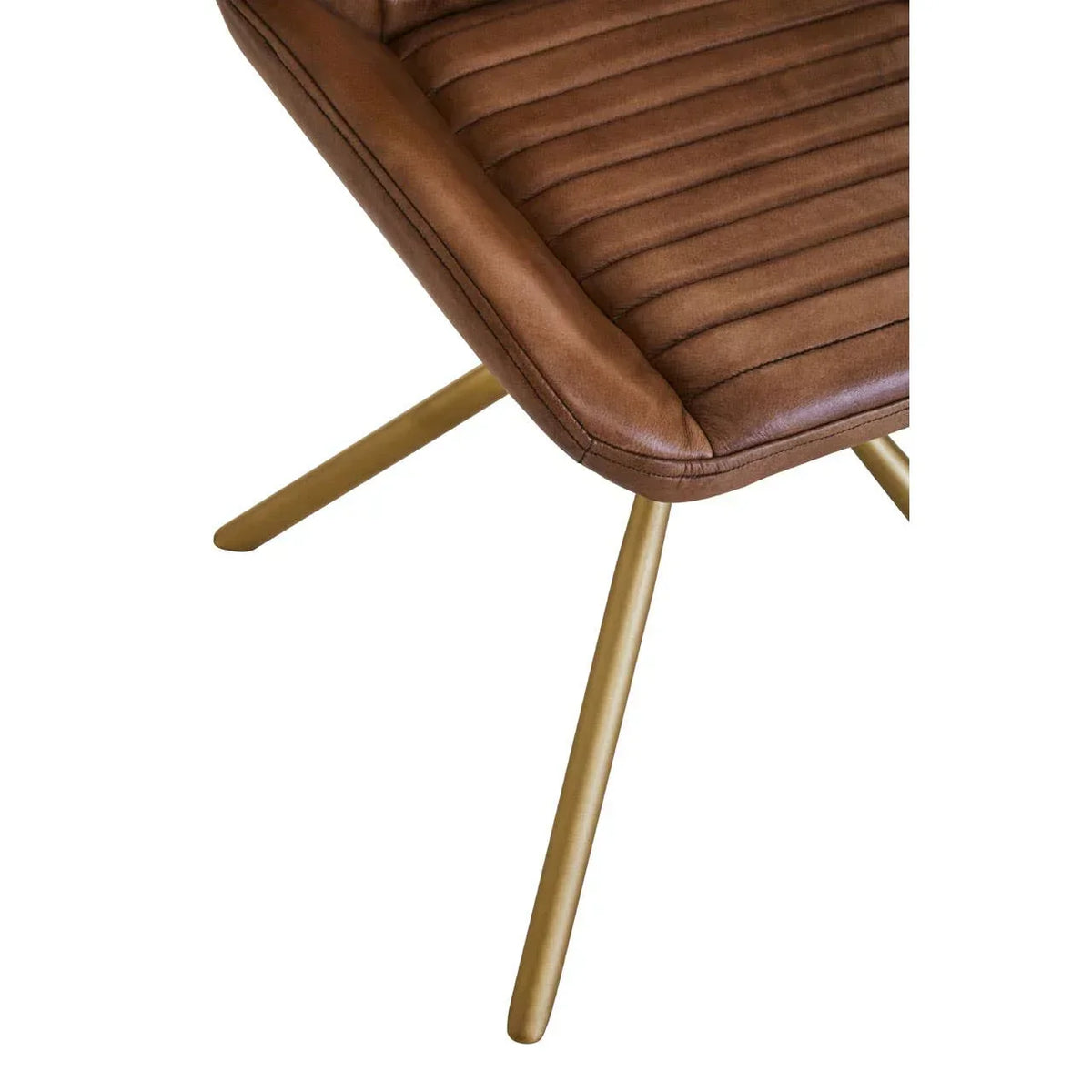 Brown faux leather dining chair with gold metal legs, close-up of seat and legs