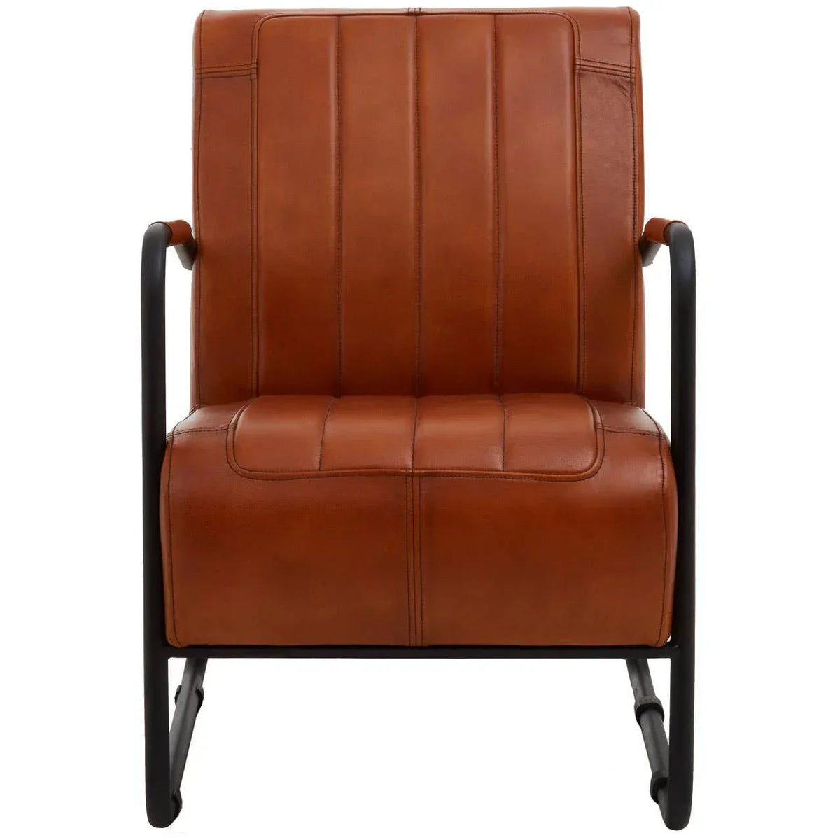 Brown leather armchair with black metal frame, front view