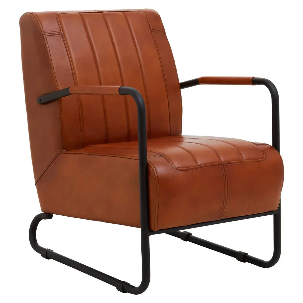 Brown leather accent chair with black metal frame and vertical stitched detail