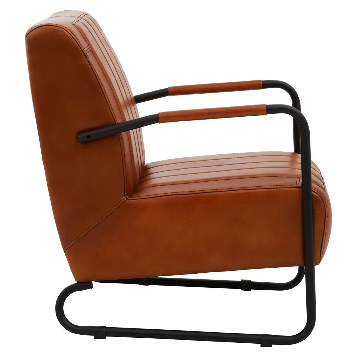 Brown leather accent chair with black metal frame, side angle view