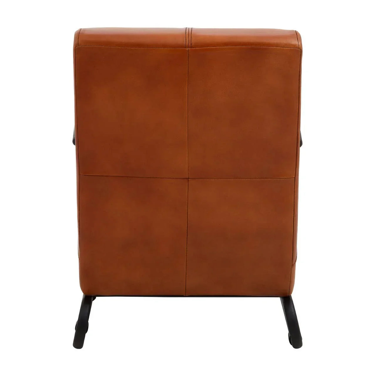 Back view of brown leather accent chair with black metal legs