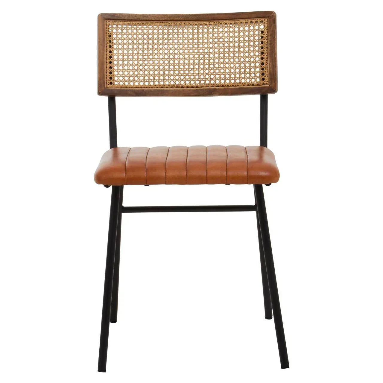 Brown leather dining chair with black metal legs and rattan backrest, front view