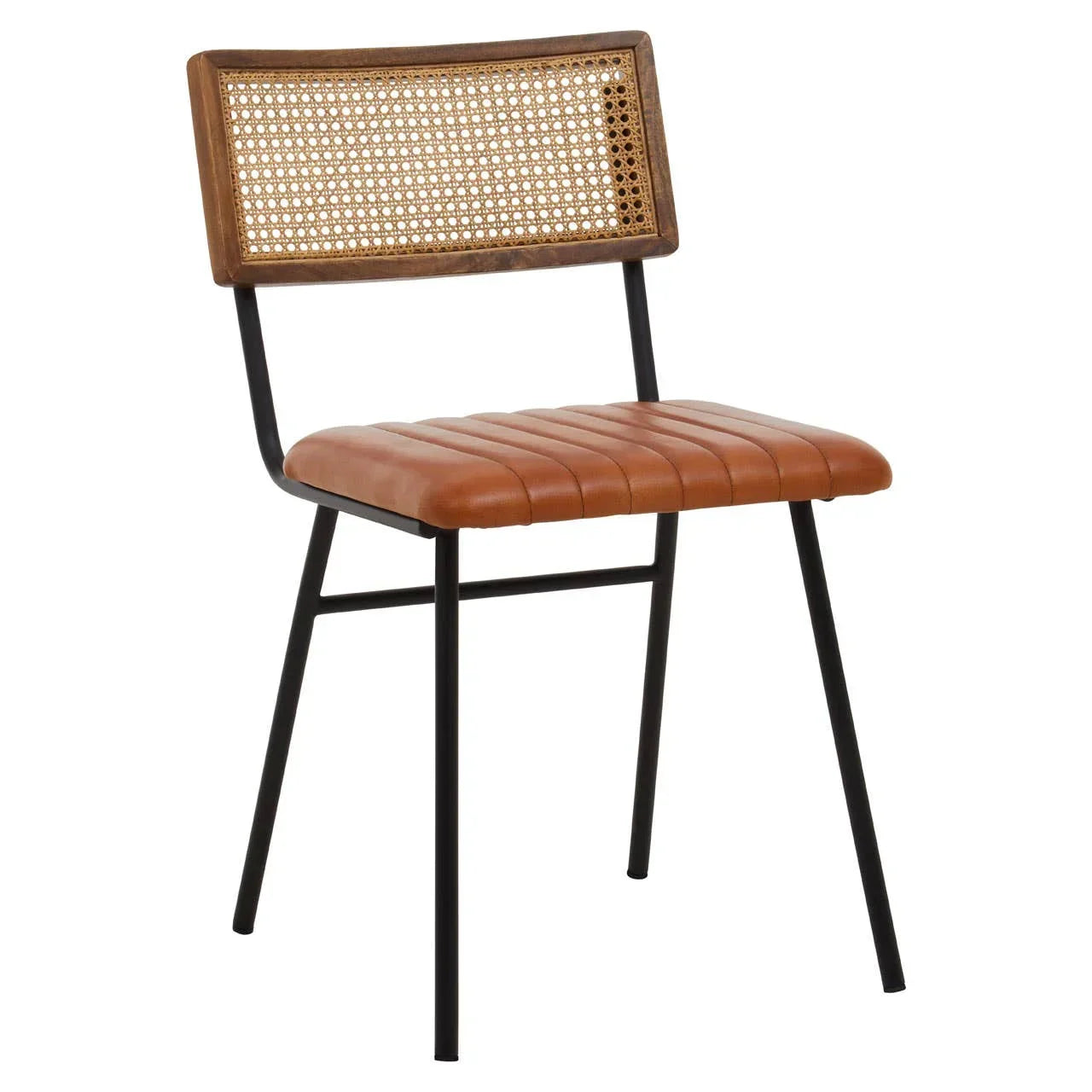 Leather dining chair with black metal frame and cane backrest