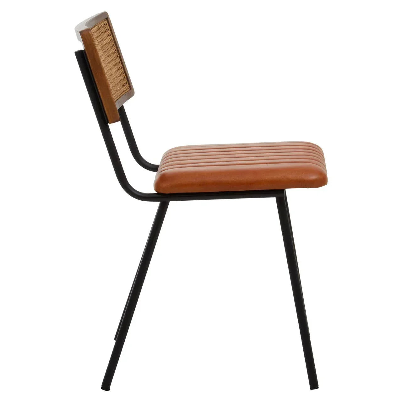Side view of dining chair with brown faux leather seat, black metal legs, and rattan backrest