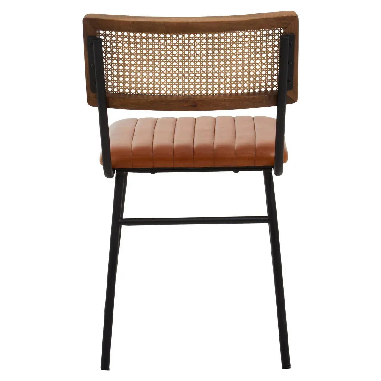 Rattan dining chair with black metal legs and tan leather seat, rear view