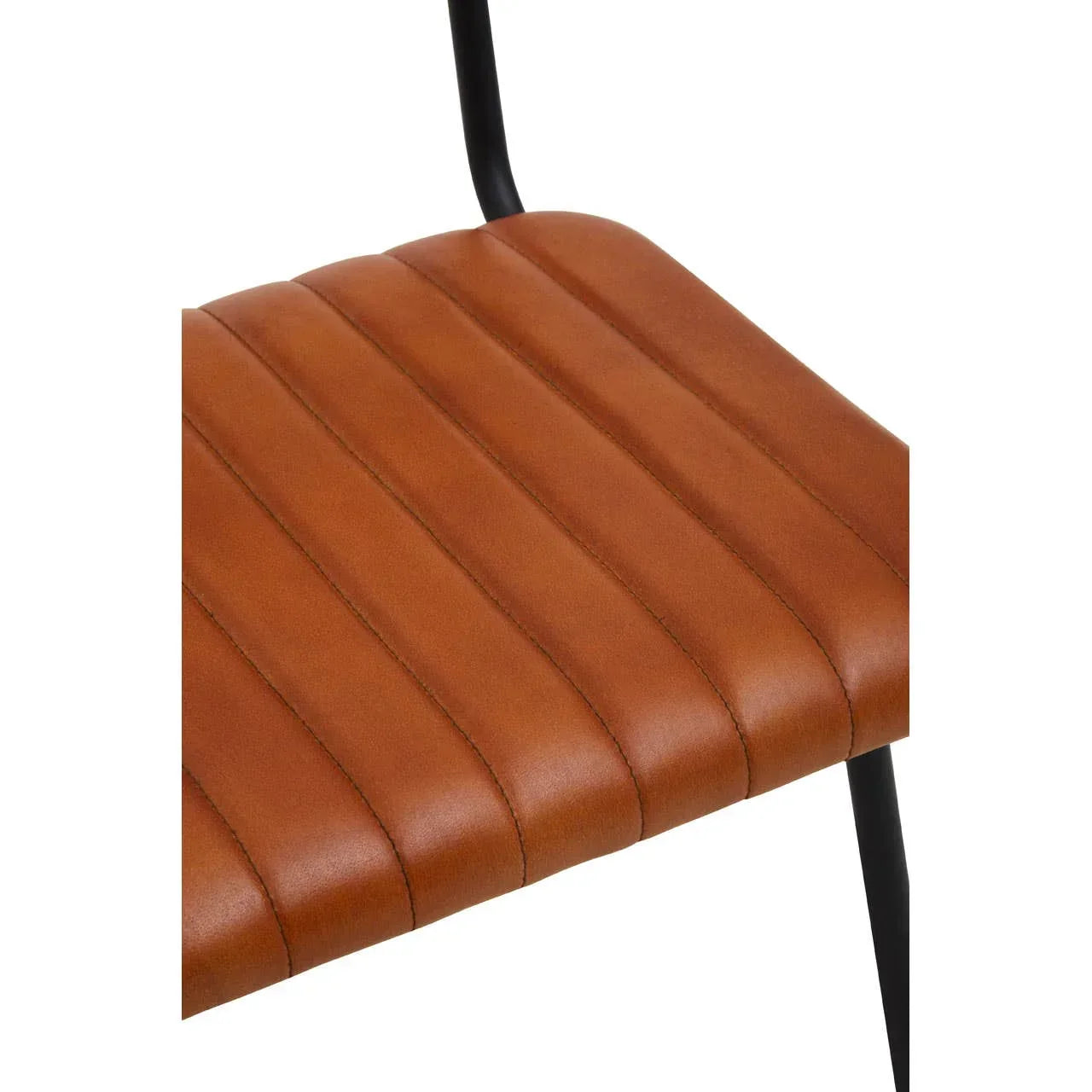Brown faux leather dining chair seat with vertical stitching and black metal legs