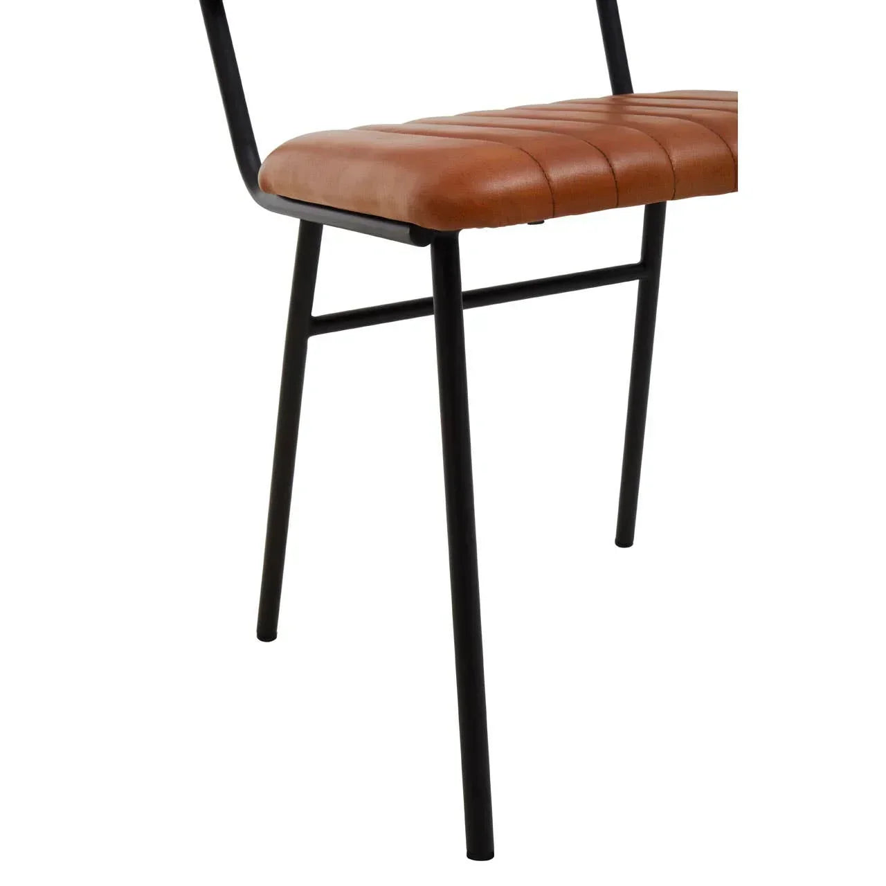 Brown faux leather dining chair seat with black metal legs, close side angle view