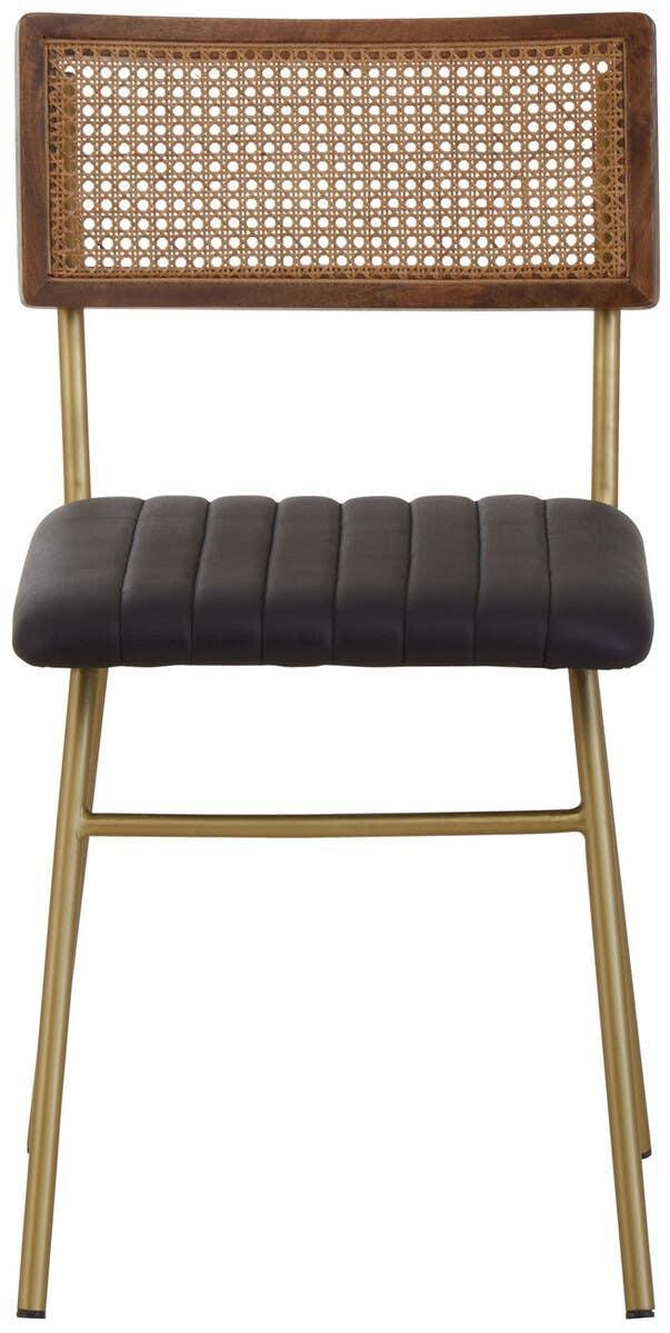Modern dining chair with black upholstered seat, cane backrest, and gold metal legs
