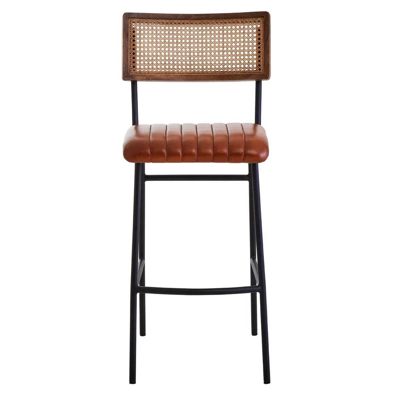 Brown leather bar stool with metal legs and rattan backrest, front view